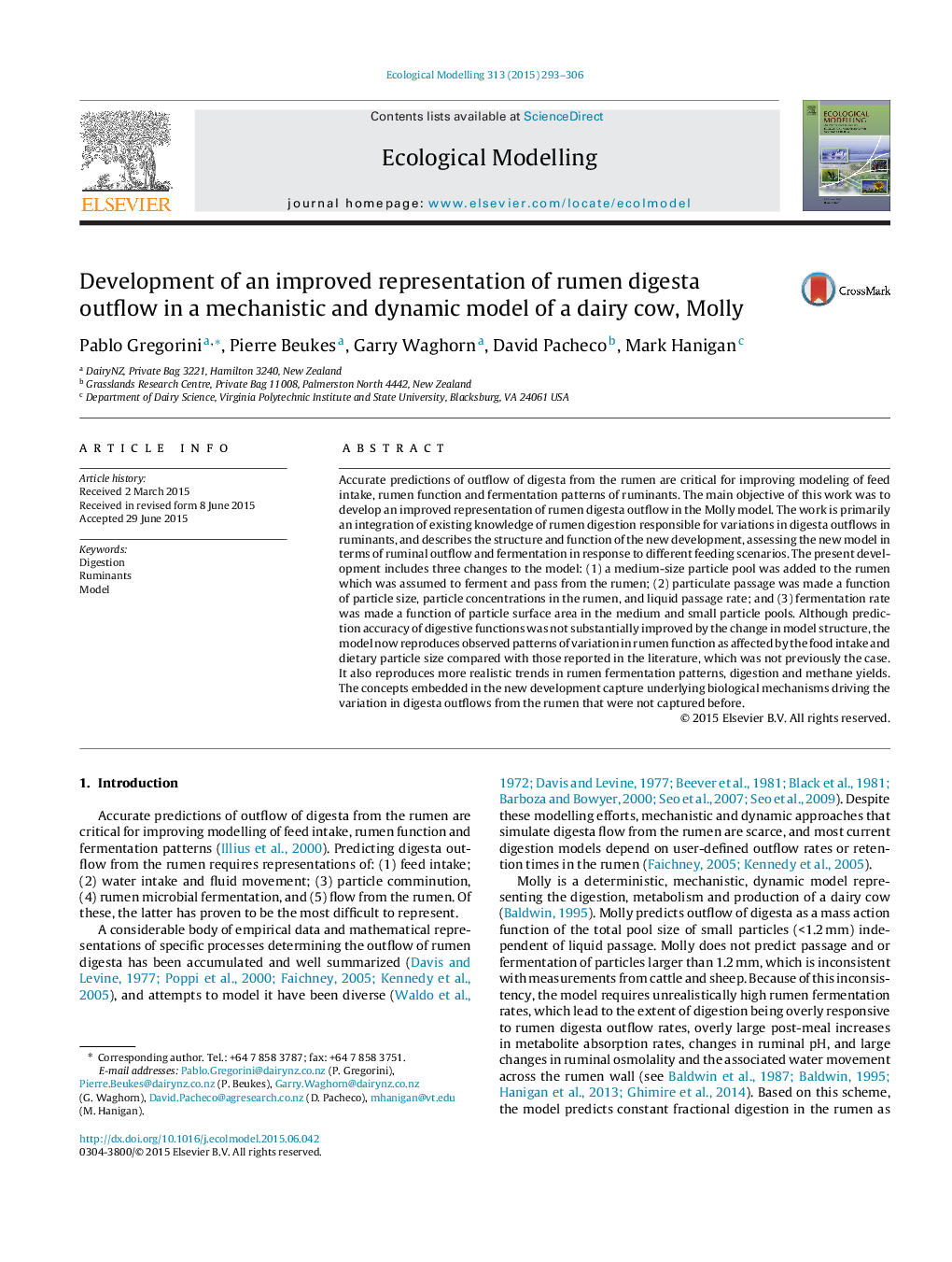 Development of an improved representation of rumen digesta outflow in a mechanistic and dynamic model of a dairy cow, Molly