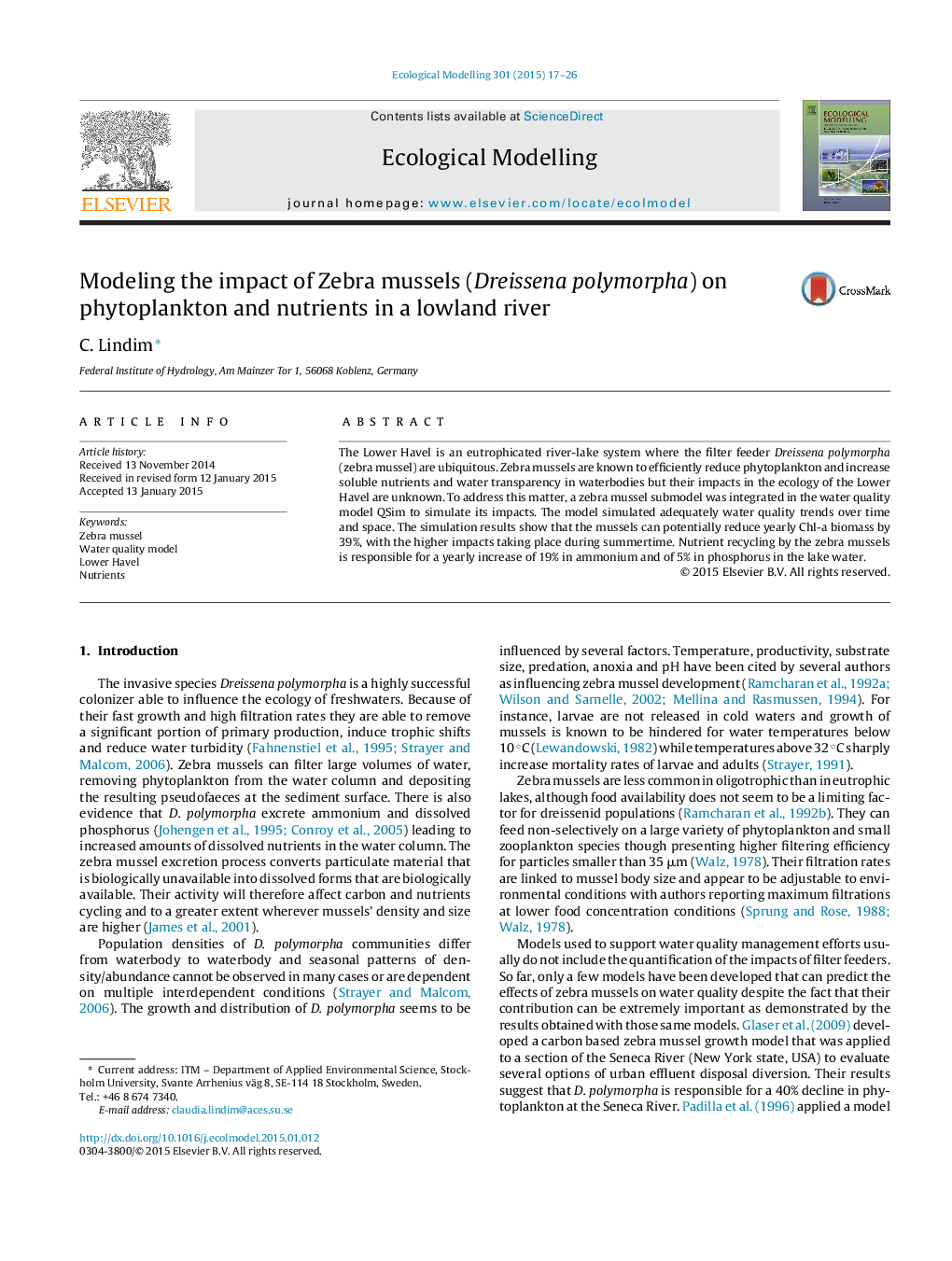 Modeling the impact of Zebra mussels (Dreissena polymorpha) on phytoplankton and nutrients in a lowland river