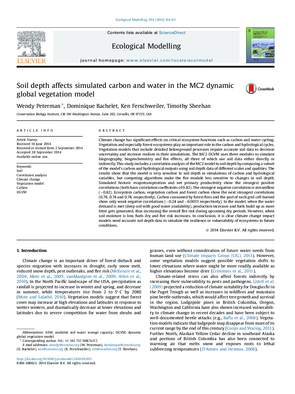 Soil depth affects simulated carbon and water in the MC2 dynamic global vegetation model