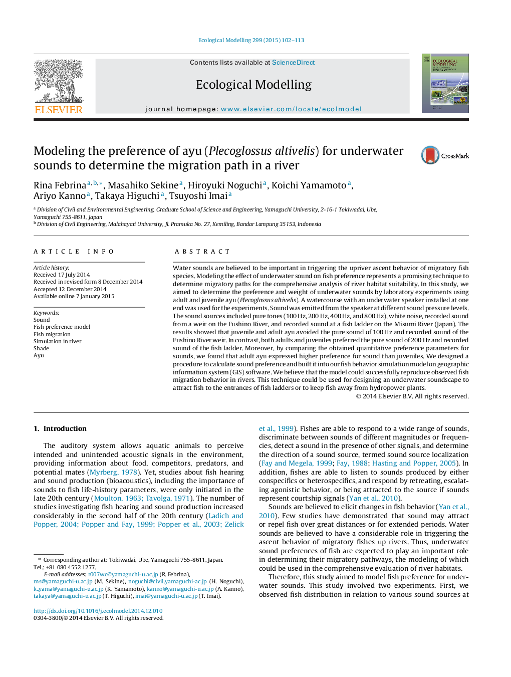 Modeling the preference of ayu (Plecoglossus altivelis) for underwater sounds to determine the migration path in a river