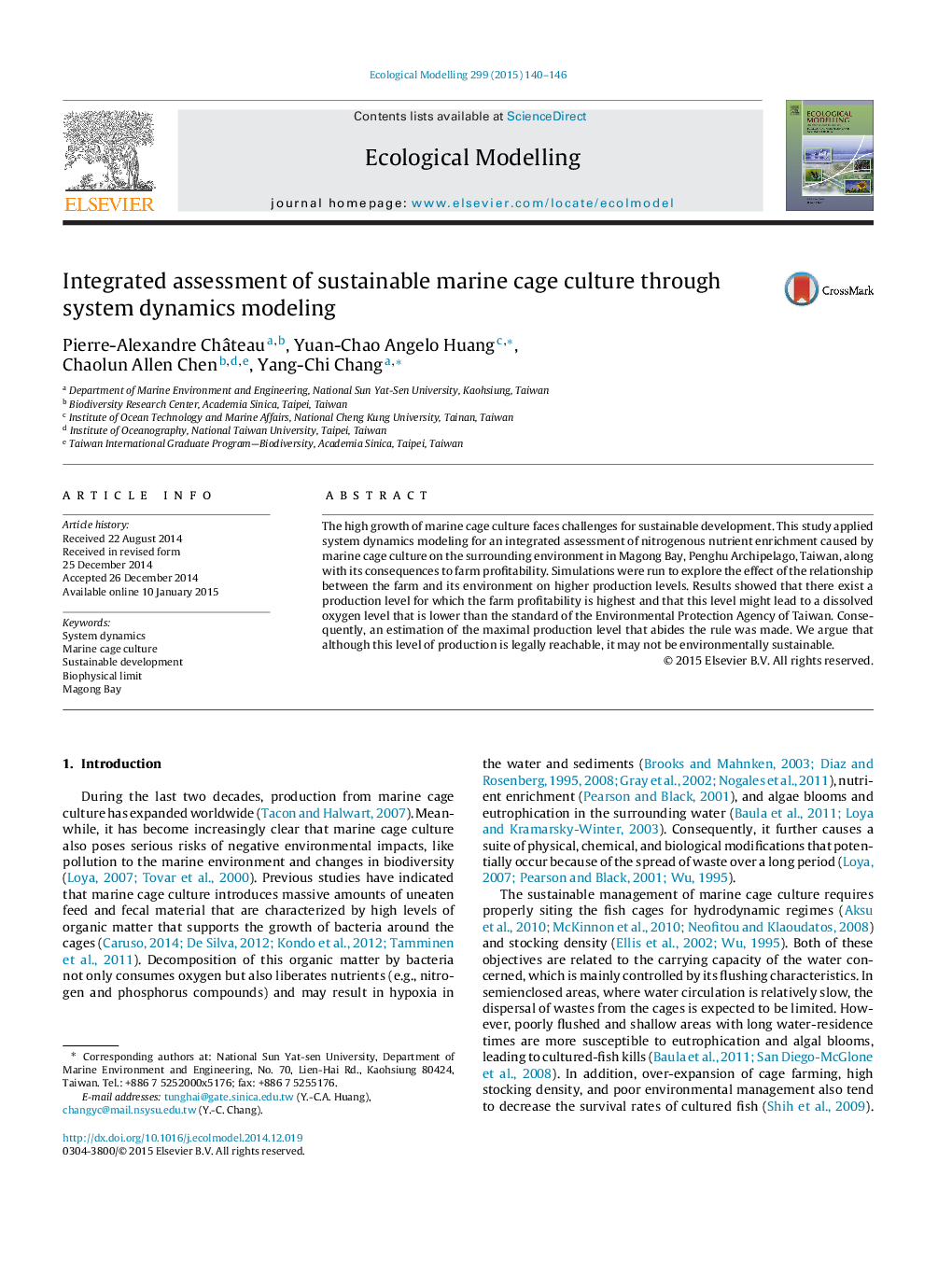 Integrated assessment of sustainable marine cage culture through system dynamics modeling