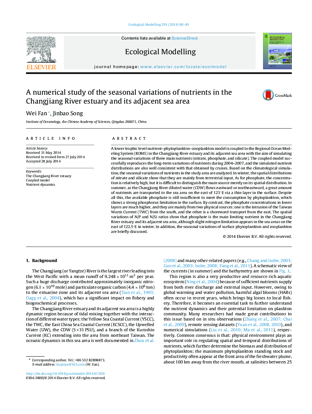 A numerical study of the seasonal variations of nutrients in the Changjiang River estuary and its adjacent sea area