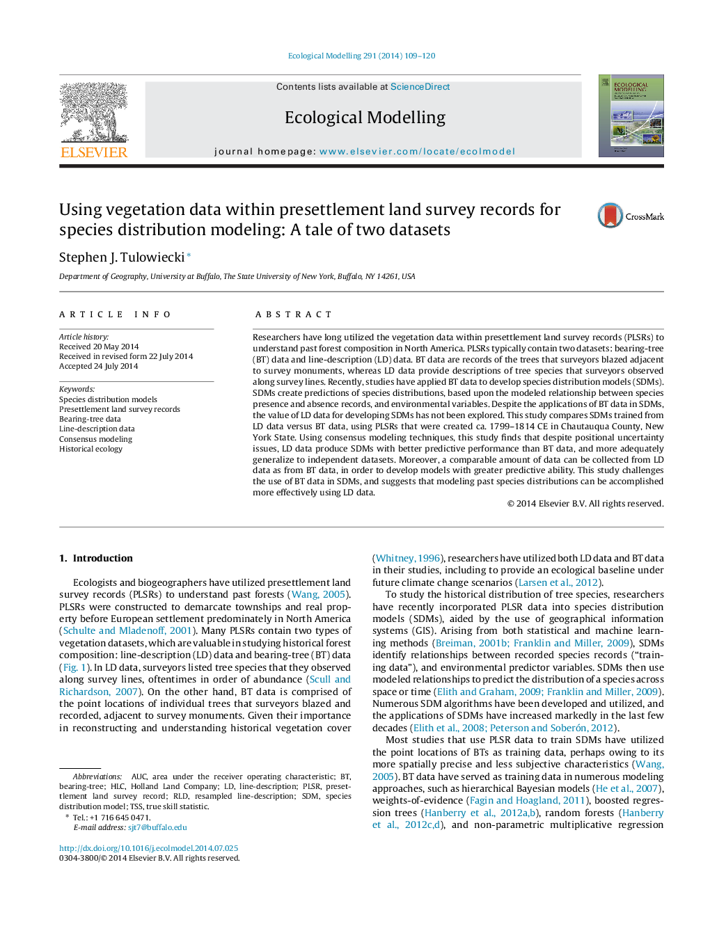 Using vegetation data within presettlement land survey records for species distribution modeling: A tale of two datasets