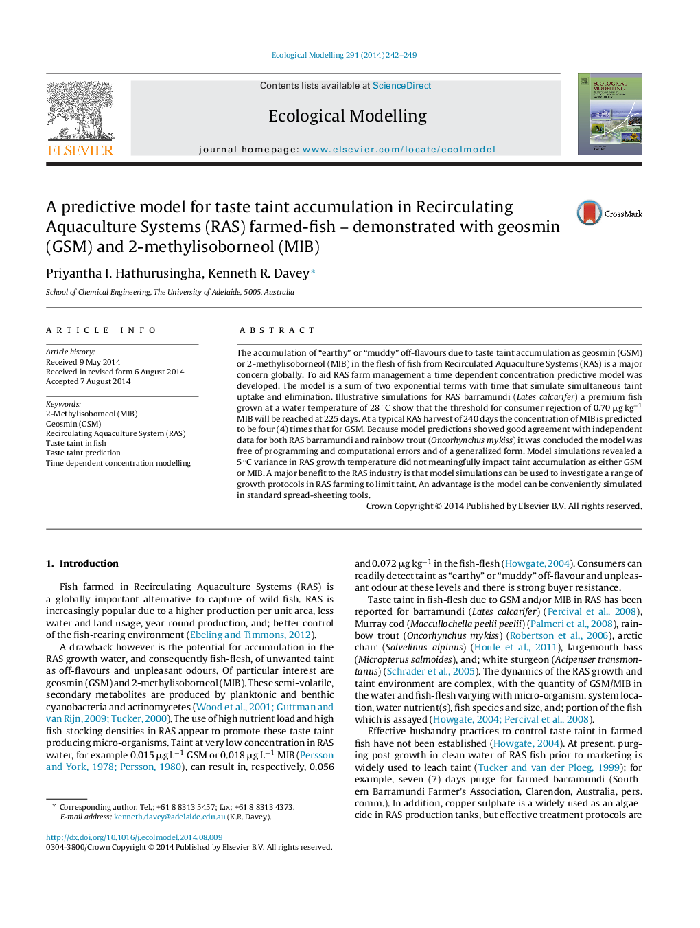 A predictive model for taste taint accumulation in Recirculating Aquaculture Systems (RAS) farmed-fish - demonstrated with geosmin (GSM) and 2-methylisoborneol (MIB)