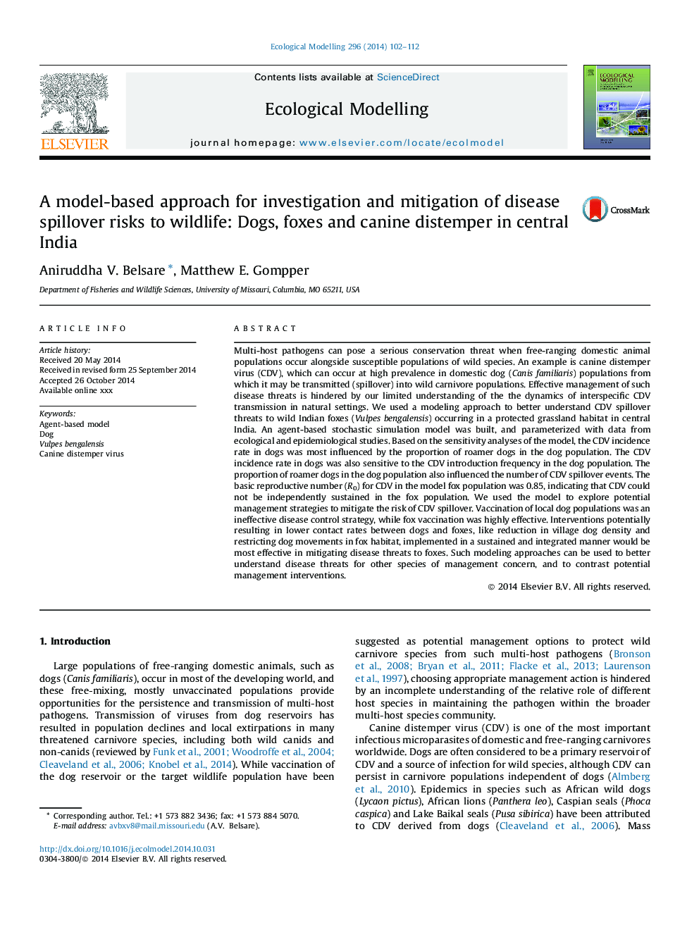 A model-based approach for investigation and mitigation of disease spillover risks to wildlife: Dogs, foxes and canine distemper in central India