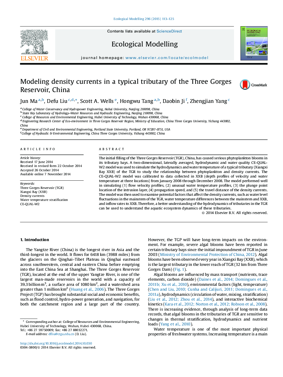 Modeling density currents in a typical tributary of the Three Gorges Reservoir, China