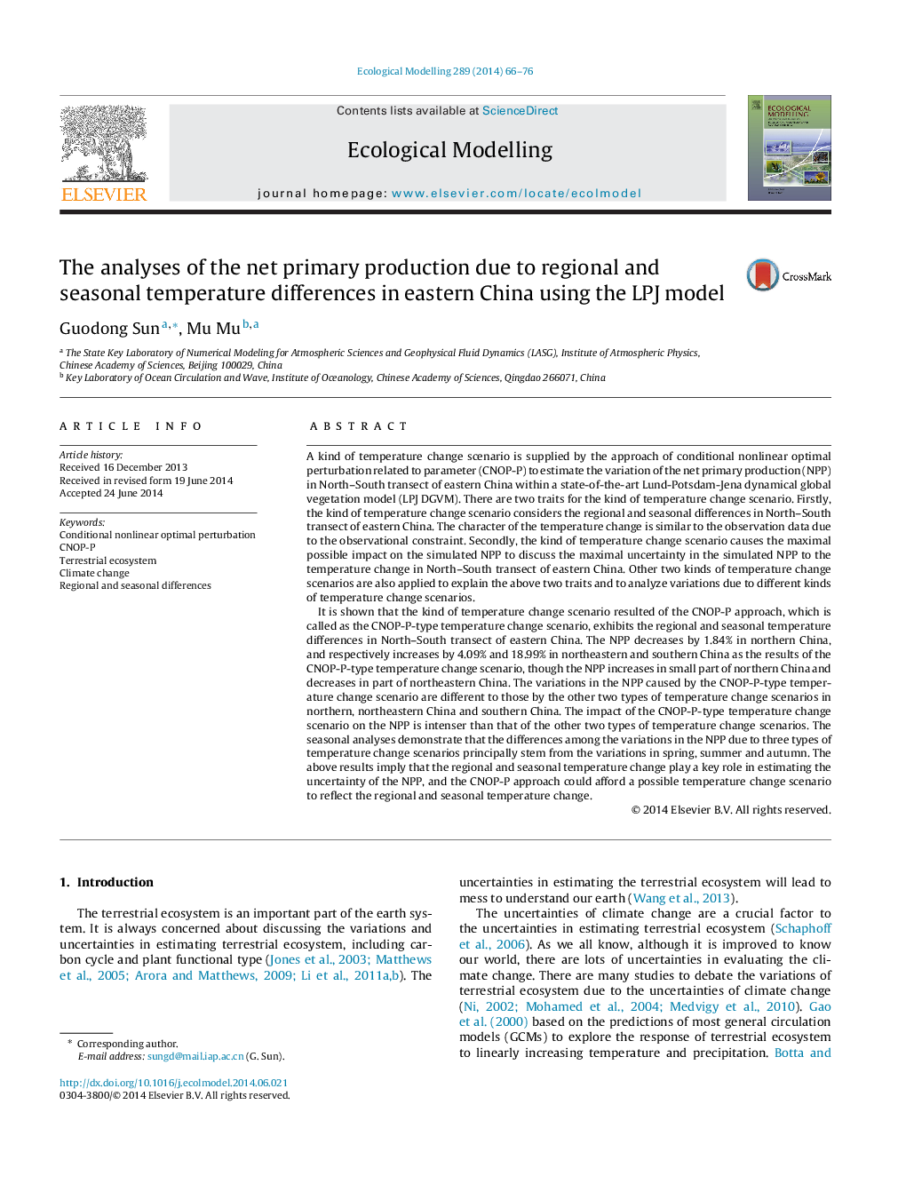 The analyses of the net primary production due to regional and seasonal temperature differences in eastern China using the LPJ model