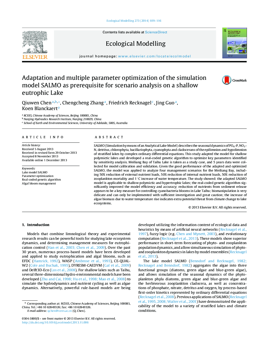 Adaptation and multiple parameter optimization of the simulation model SALMO as prerequisite for scenario analysis on a shallow eutrophic Lake