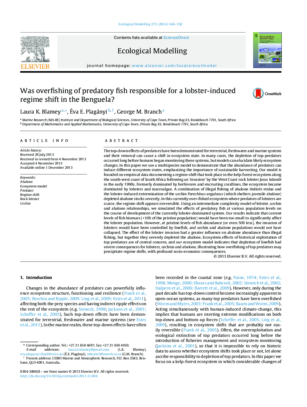 Was overfishing of predatory fish responsible for a lobster-induced regime shift in the Benguela?