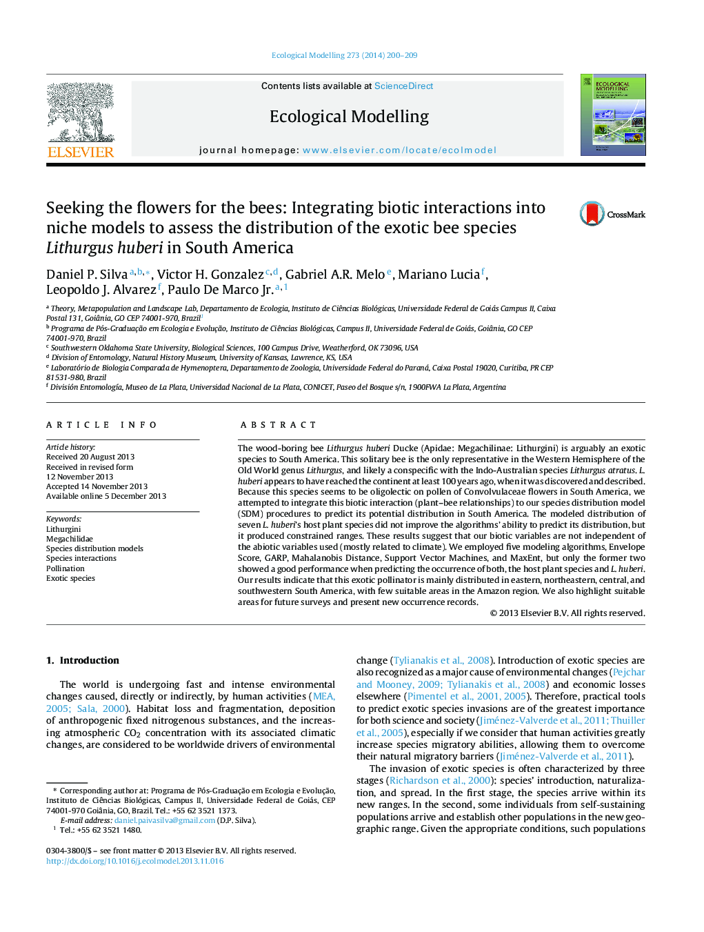 Seeking the flowers for the bees: Integrating biotic interactions into niche models to assess the distribution of the exotic bee species Lithurgus huberi in South America