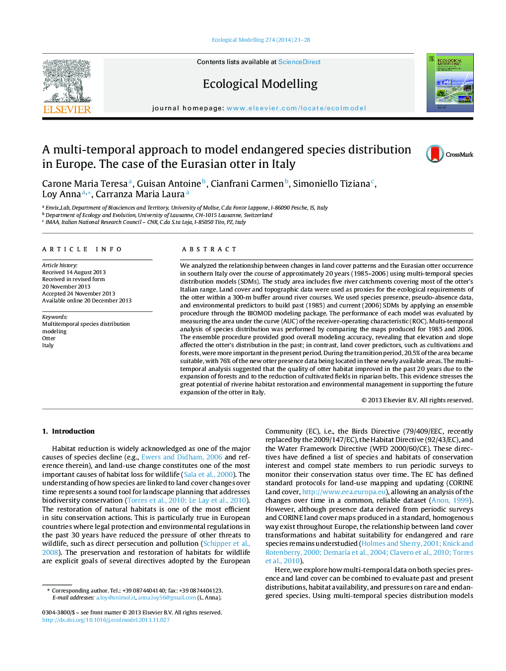 A multi-temporal approach to model endangered species distribution in Europe. The case of the Eurasian otter in Italy