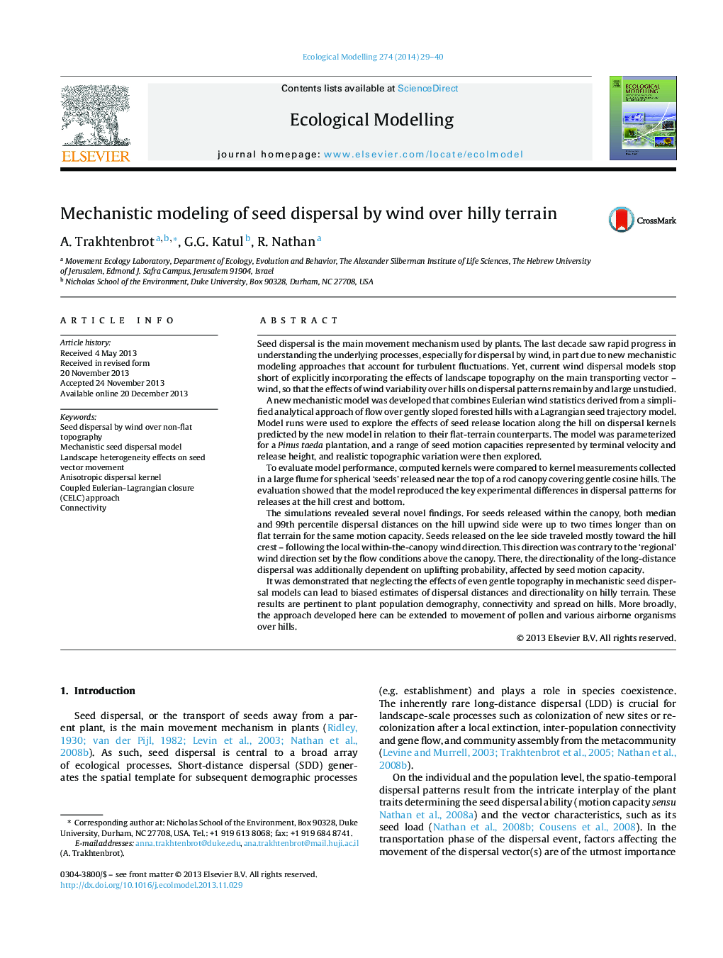 Mechanistic modeling of seed dispersal by wind over hilly terrain