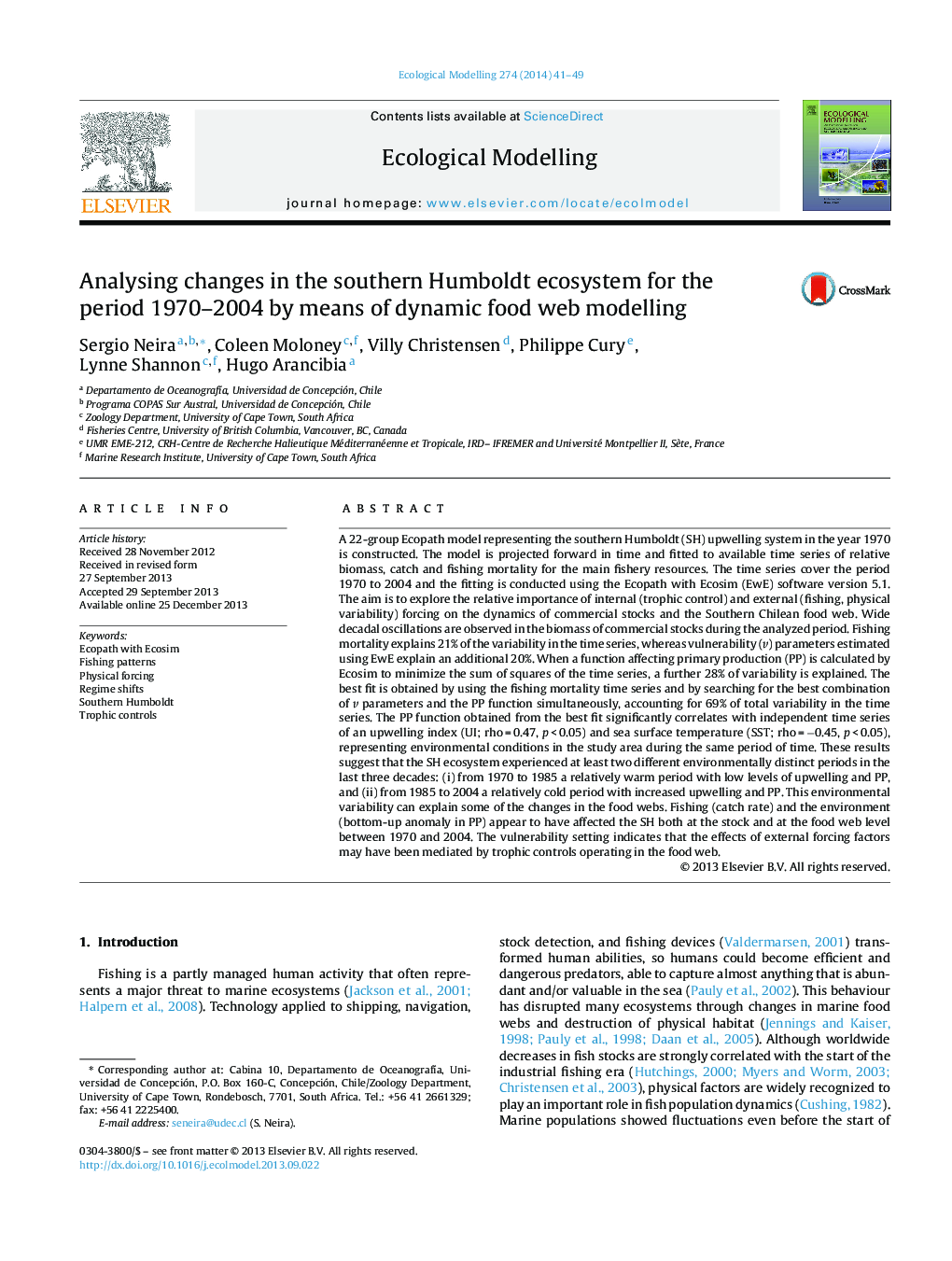 Analysing changes in the southern Humboldt ecosystem for the period 1970-2004 by means of dynamic food web modelling