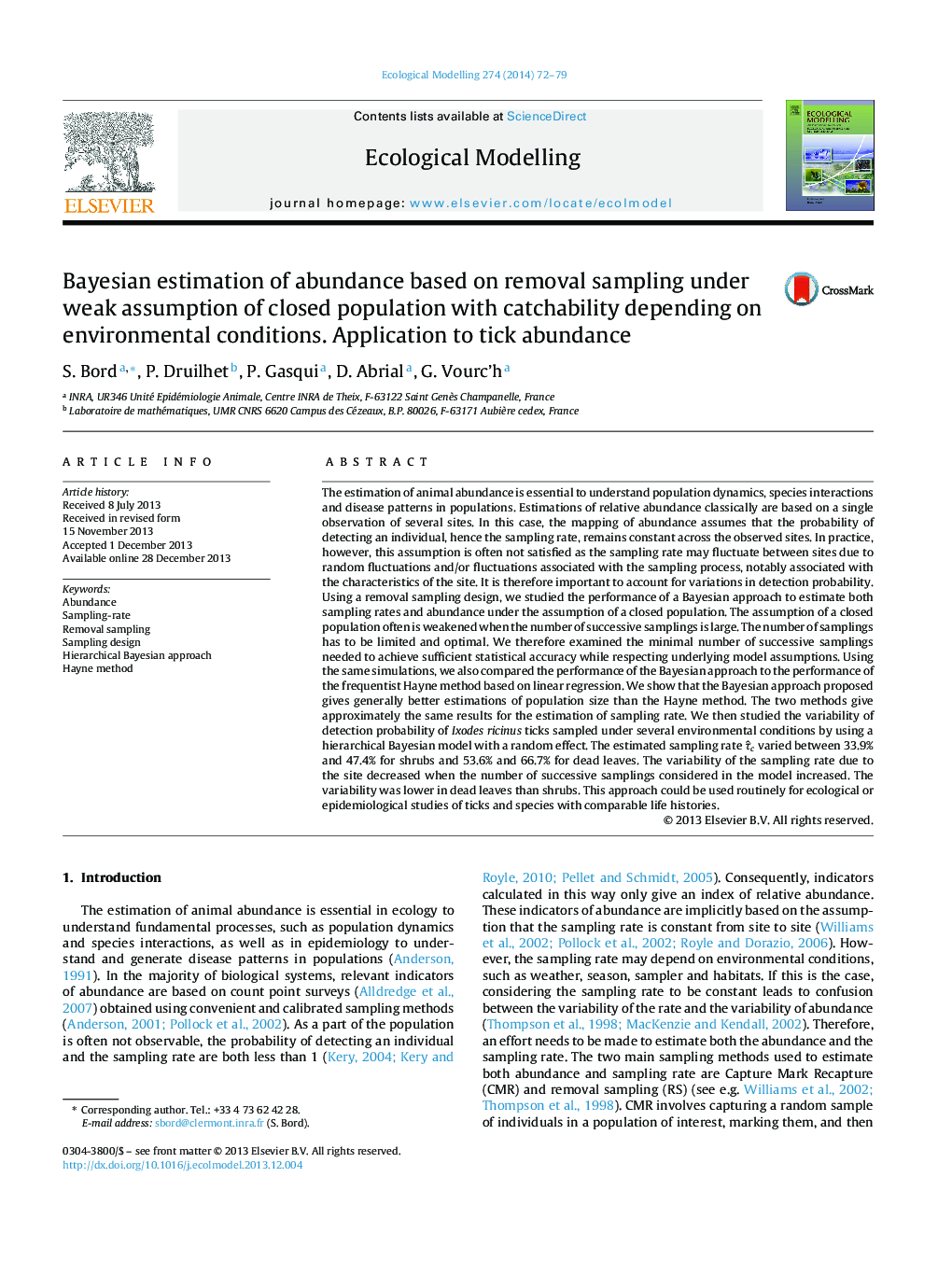 Bayesian estimation of abundance based on removal sampling under weak assumption of closed population with catchability depending on environmental conditions. Application to tick abundance