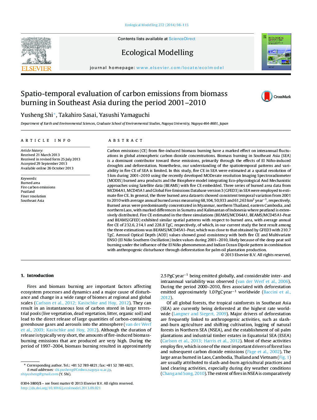 Spatio-temporal evaluation of carbon emissions from biomass burning in Southeast Asia during the period 2001-2010