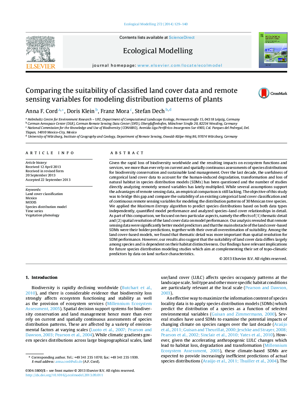 Comparing the suitability of classified land cover data and remote sensing variables for modeling distribution patterns of plants