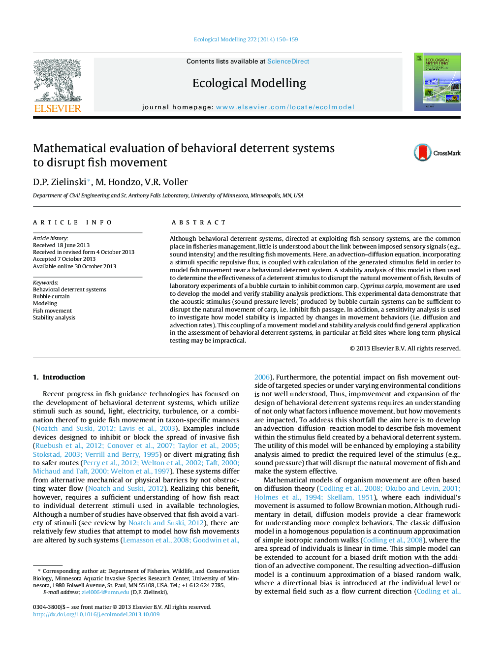 Mathematical evaluation of behavioral deterrent systems to disrupt fish movement