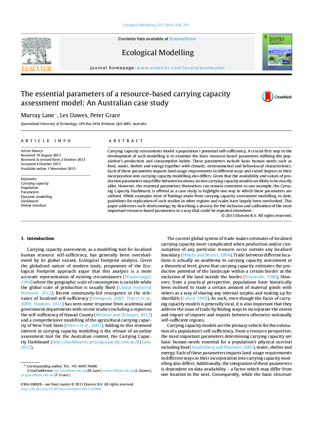 The essential parameters of a resource-based carrying capacity assessment model: An Australian case study