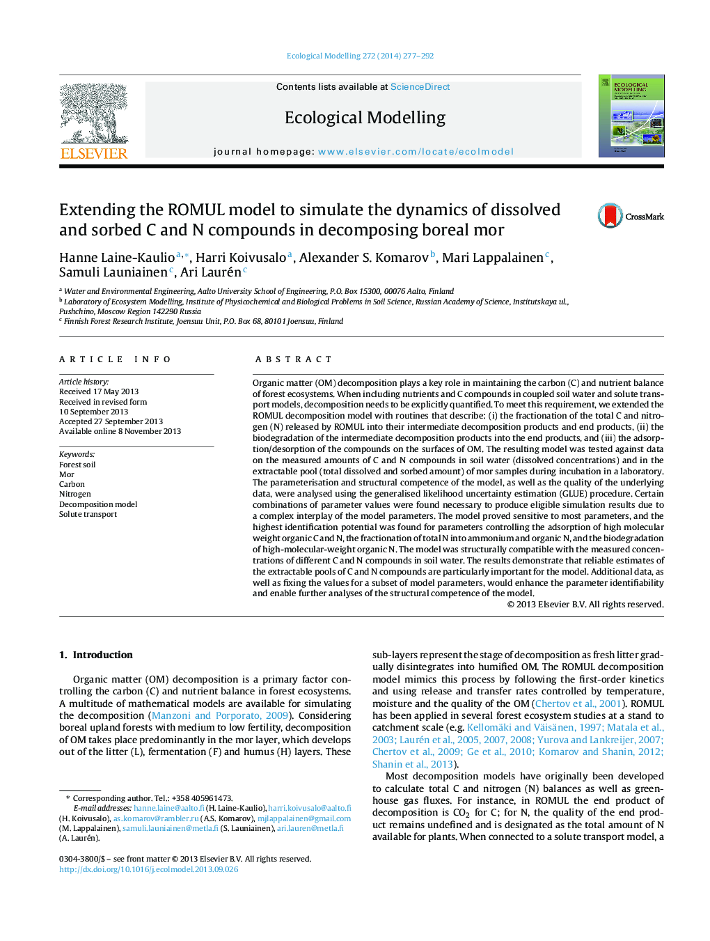 Extending the ROMUL model to simulate the dynamics of dissolved and sorbed C and N compounds in decomposing boreal mor