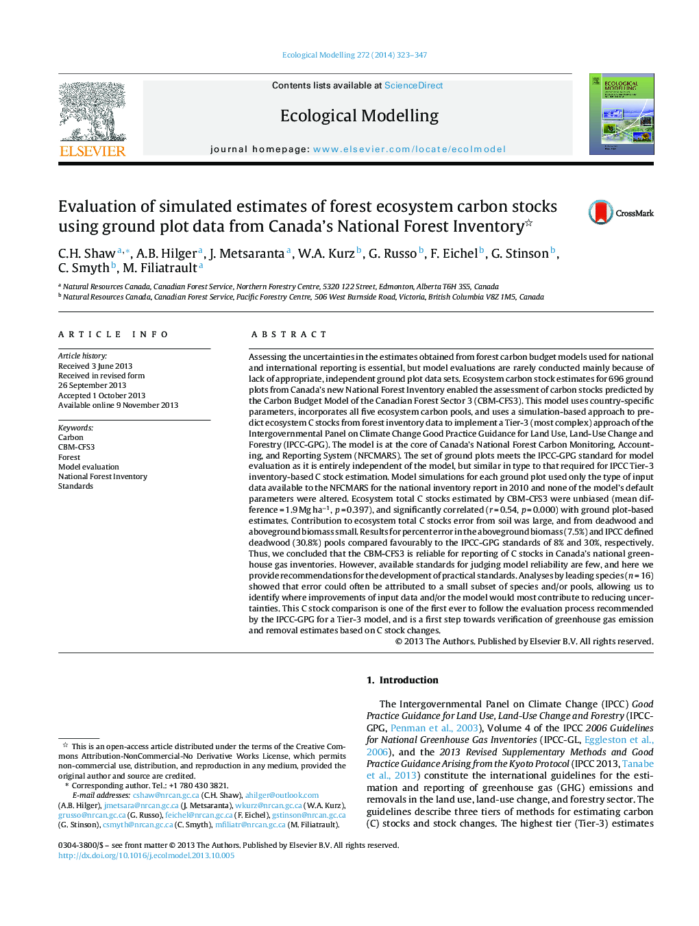 Evaluation of simulated estimates of forest ecosystem carbon stocks using ground plot data from Canada's National Forest Inventory