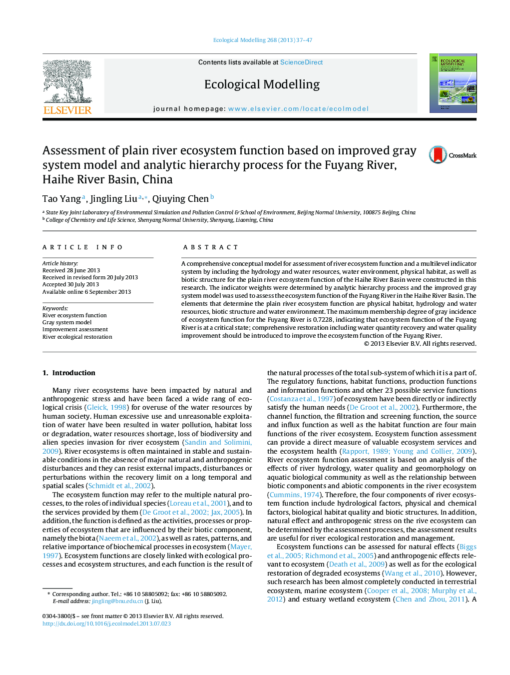 Assessment of plain river ecosystem function based on improved gray system model and analytic hierarchy process for the Fuyang River, Haihe River Basin, China