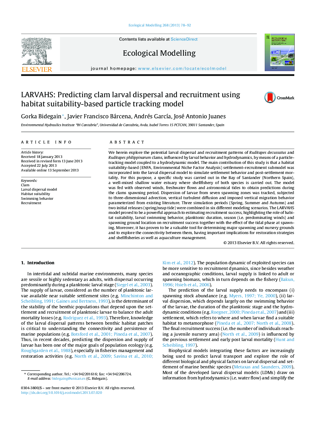 LARVAHS: Predicting clam larval dispersal and recruitment using habitat suitability-based particle tracking model