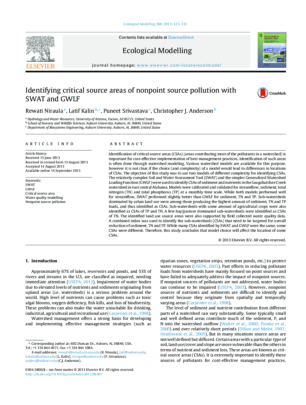 Identifying critical source areas of nonpoint source pollution with SWAT and GWLF