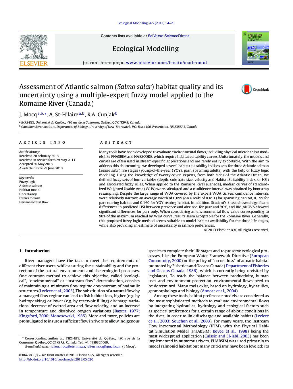 Assessment of Atlantic salmon (Salmo salar) habitat quality and its uncertainty using a multiple-expert fuzzy model applied to the Romaine River (Canada)
