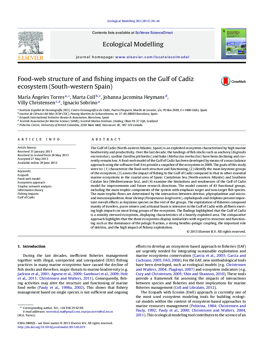 Food-web structure of and fishing impacts on the Gulf of Cadiz ecosystem (South-western Spain)