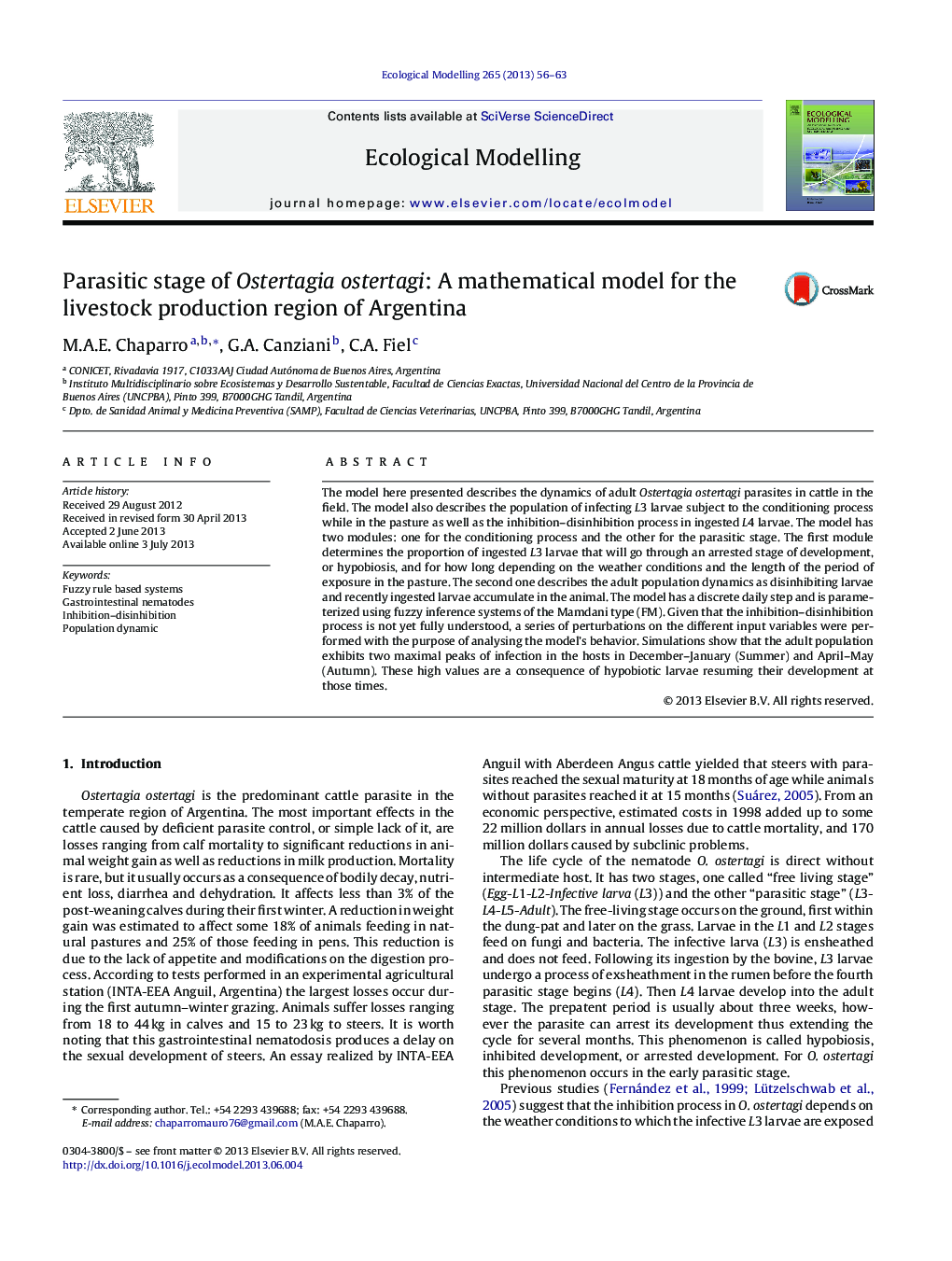 Parasitic stage of Ostertagia ostertagi: A mathematical model for the livestock production region of Argentina