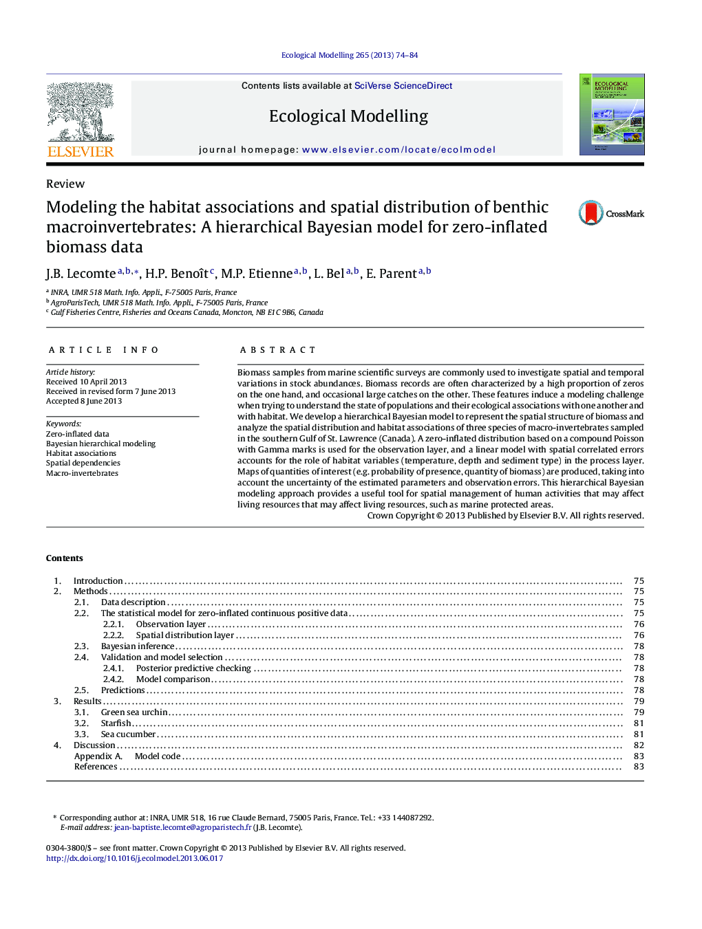 Modeling the habitat associations and spatial distribution of benthic macroinvertebrates: A hierarchical Bayesian model for zero-inflated biomass data
