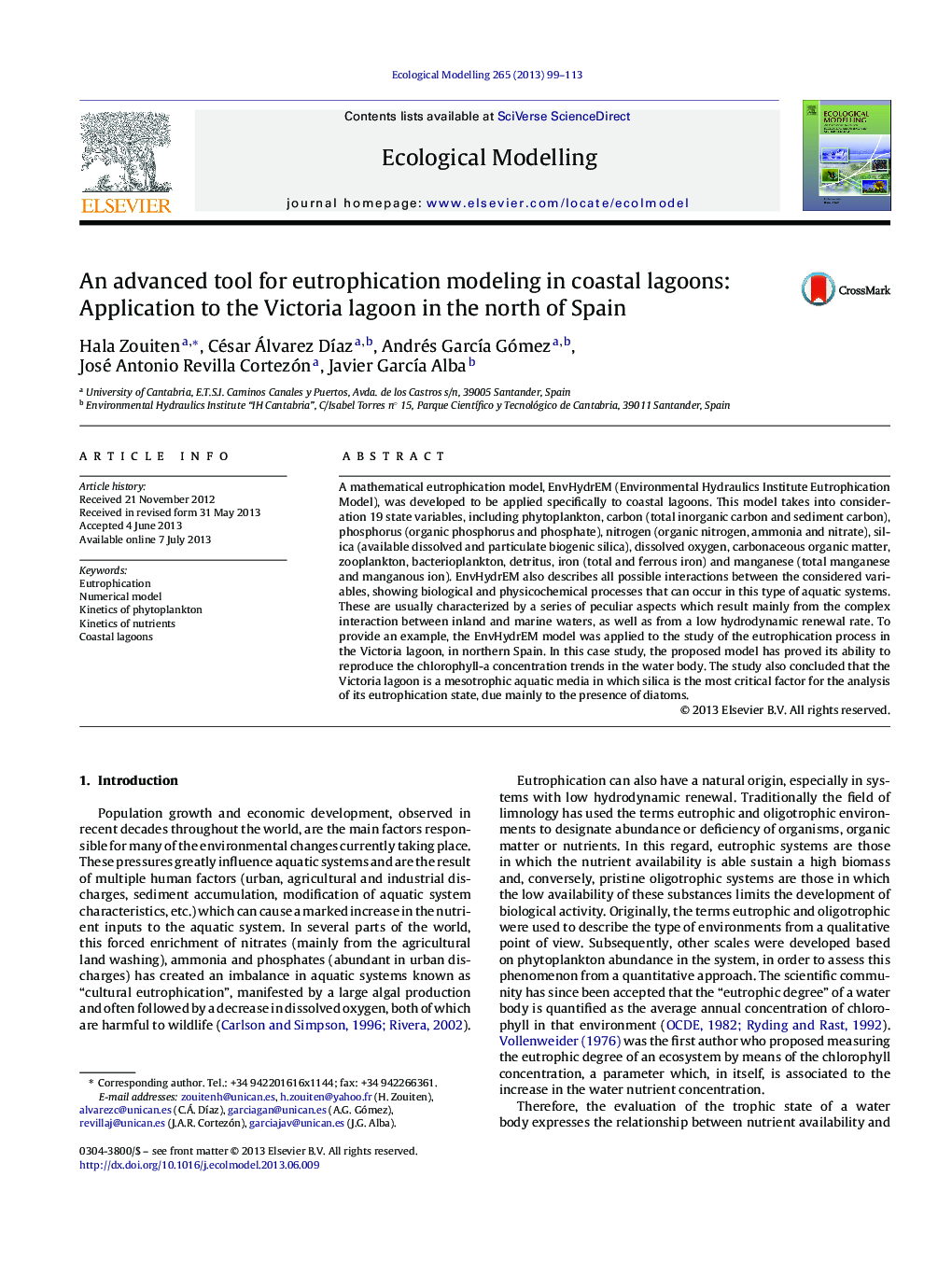 An advanced tool for eutrophication modeling in coastal lagoons: Application to the Victoria lagoon in the north of Spain