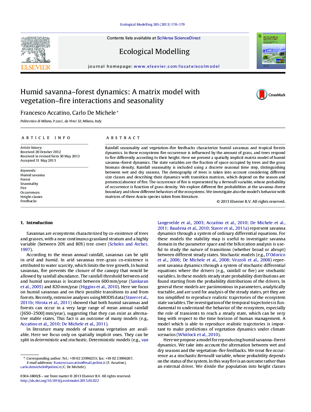 Humid savanna-forest dynamics: A matrix model with vegetation-fire interactions and seasonality