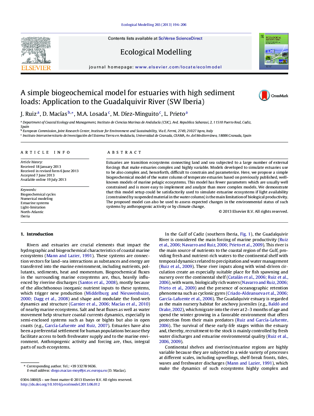 A simple biogeochemical model for estuaries with high sediment loads: Application to the Guadalquivir River (SW Iberia)