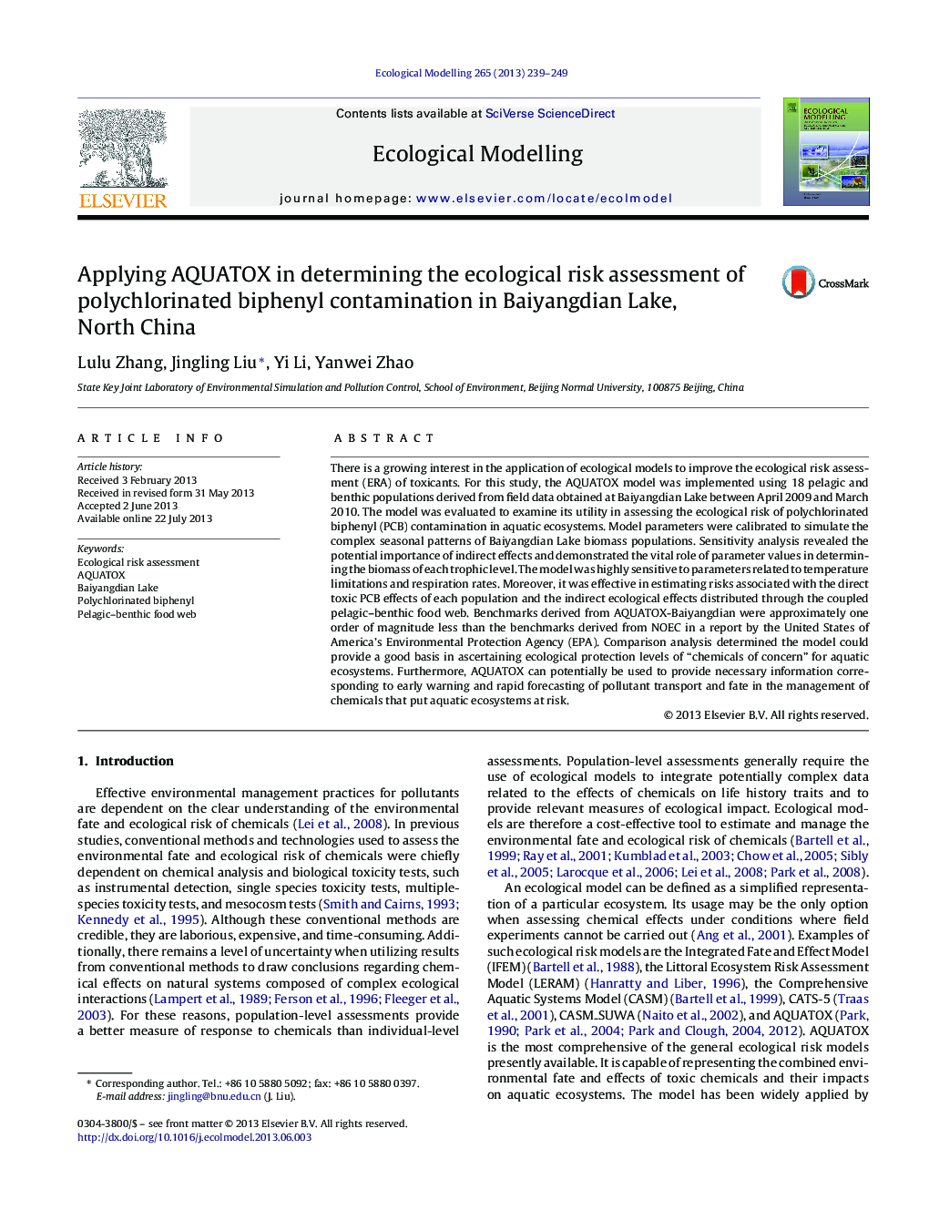 Applying AQUATOX in determining the ecological risk assessment of polychlorinated biphenyl contamination in Baiyangdian Lake, North China