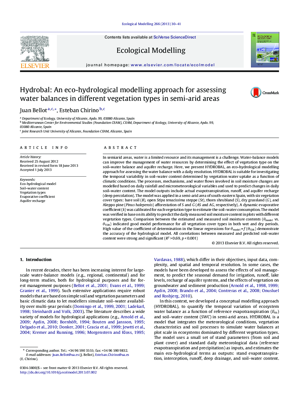 Hydrobal: An eco-hydrological modelling approach for assessing water balances in different vegetation types in semi-arid areas