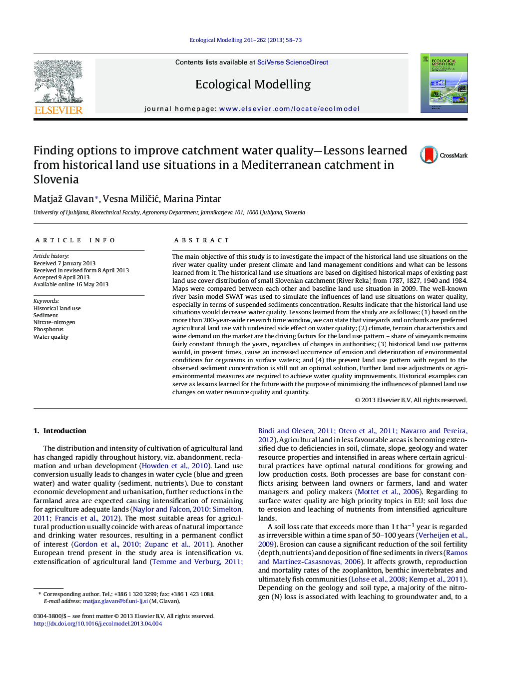 Finding options to improve catchment water quality-Lessons learned from historical land use situations in a Mediterranean catchment in Slovenia