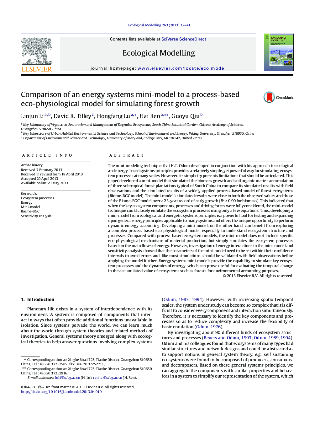 Comparison of an energy systems mini-model to a process-based eco-physiological model for simulating forest growth