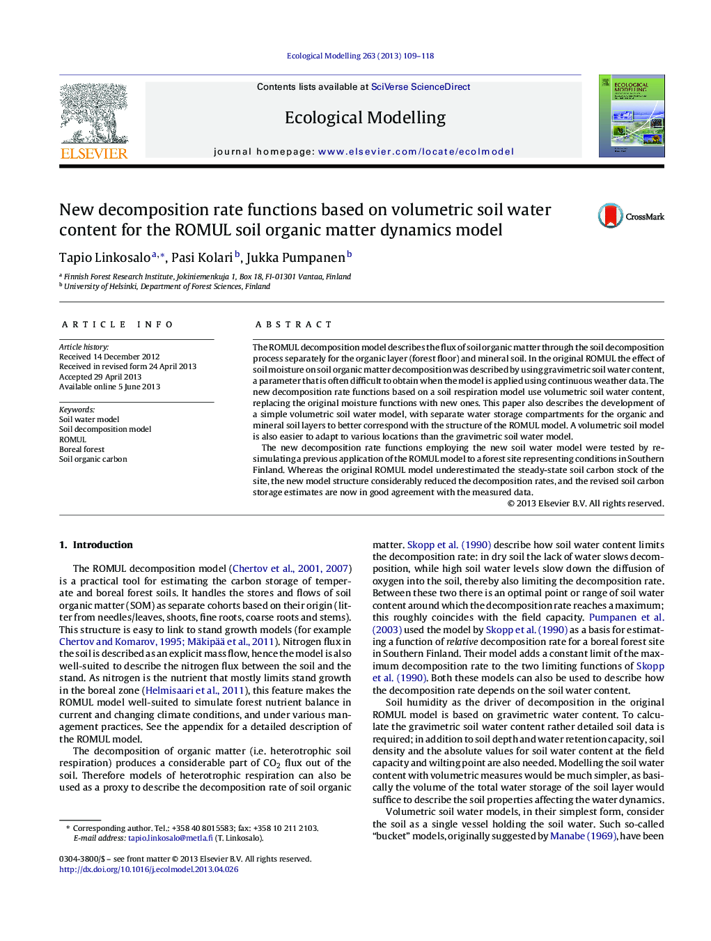 New decomposition rate functions based on volumetric soil water content for the ROMUL soil organic matter dynamics model