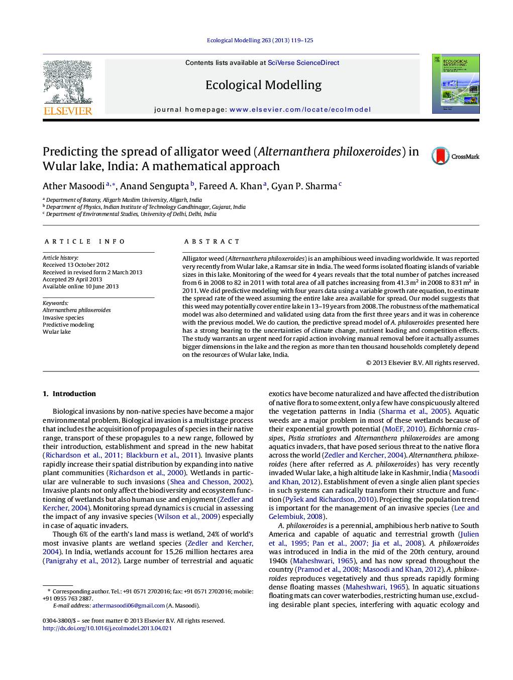 Predicting the spread of alligator weed (Alternanthera philoxeroides) in Wular lake, India: A mathematical approach