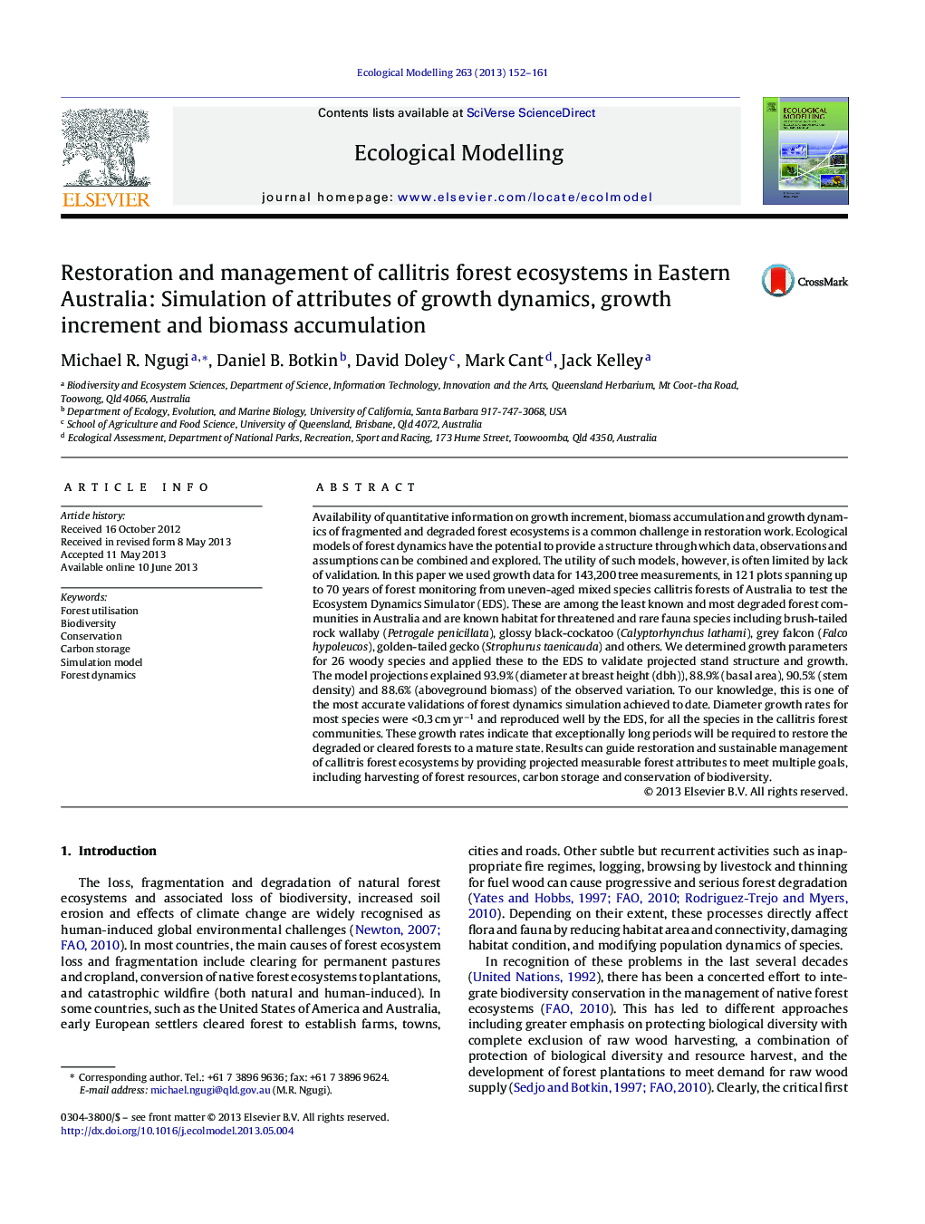 Restoration and management of callitris forest ecosystems in Eastern Australia: Simulation of attributes of growth dynamics, growth increment and biomass accumulation