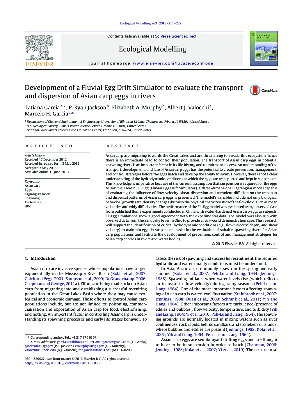 Development of a Fluvial Egg Drift Simulator to evaluate the transport and dispersion of Asian carp eggs in rivers