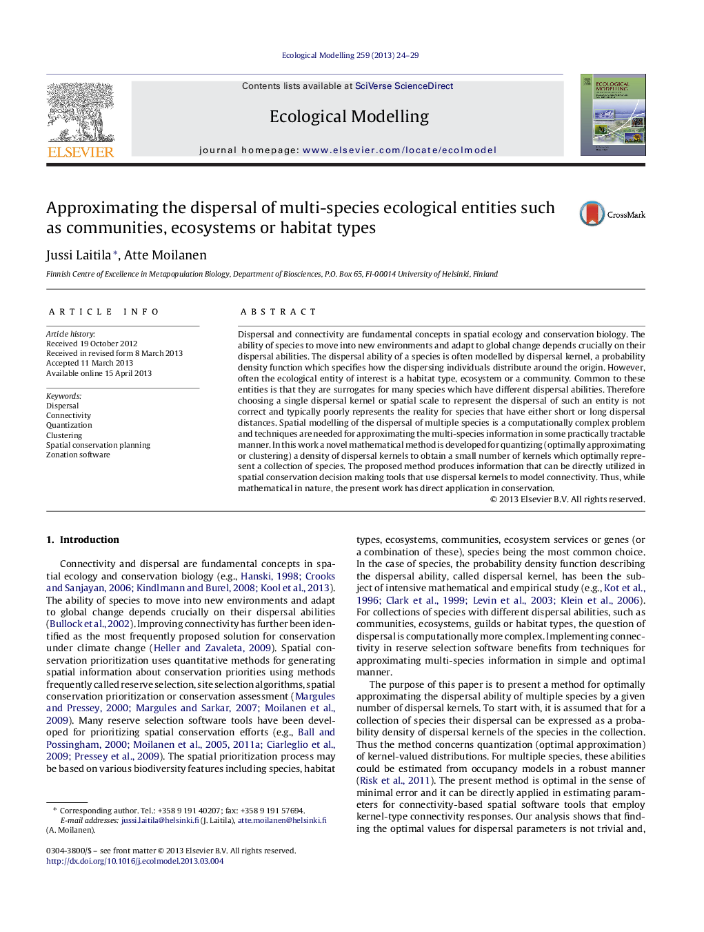 Approximating the dispersal of multi-species ecological entities such as communities, ecosystems or habitat types