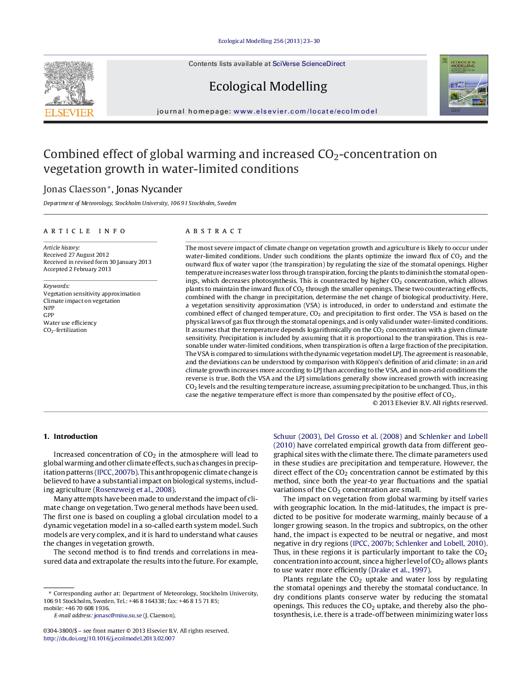 Combined effect of global warming and increased CO2-concentration on vegetation growth in water-limited conditions