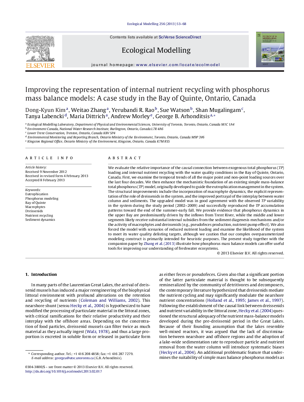 Improving the representation of internal nutrient recycling with phosphorus mass balance models: A case study in the Bay of Quinte, Ontario, Canada