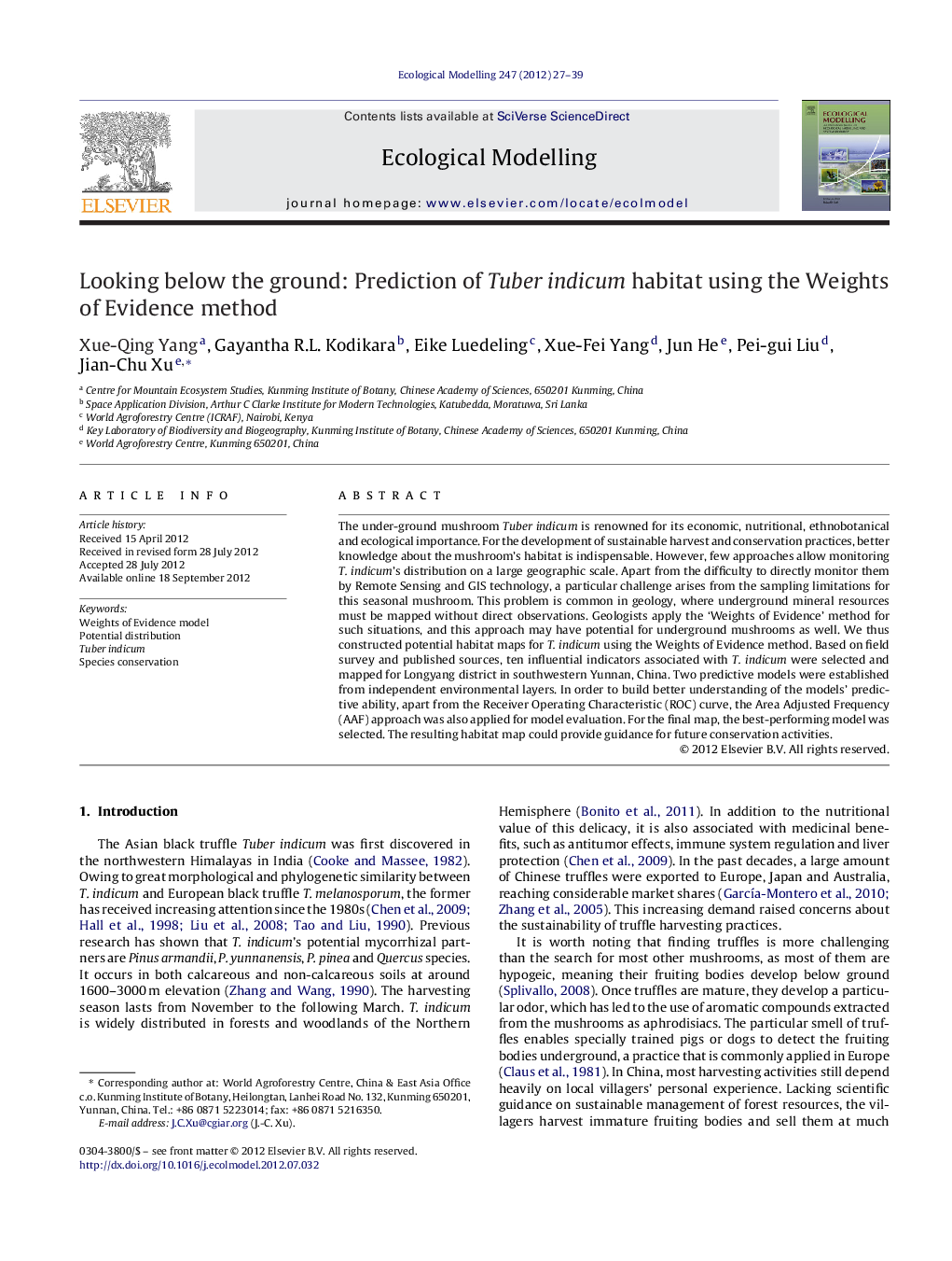 Looking below the ground: Prediction of Tuber indicum habitat using the Weights of Evidence method