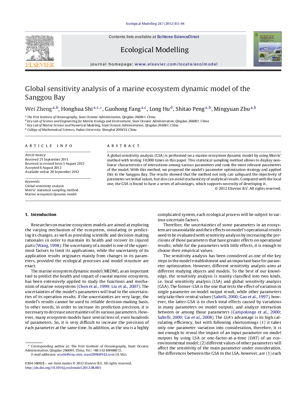 Global sensitivity analysis of a marine ecosystem dynamic model of the Sanggou Bay