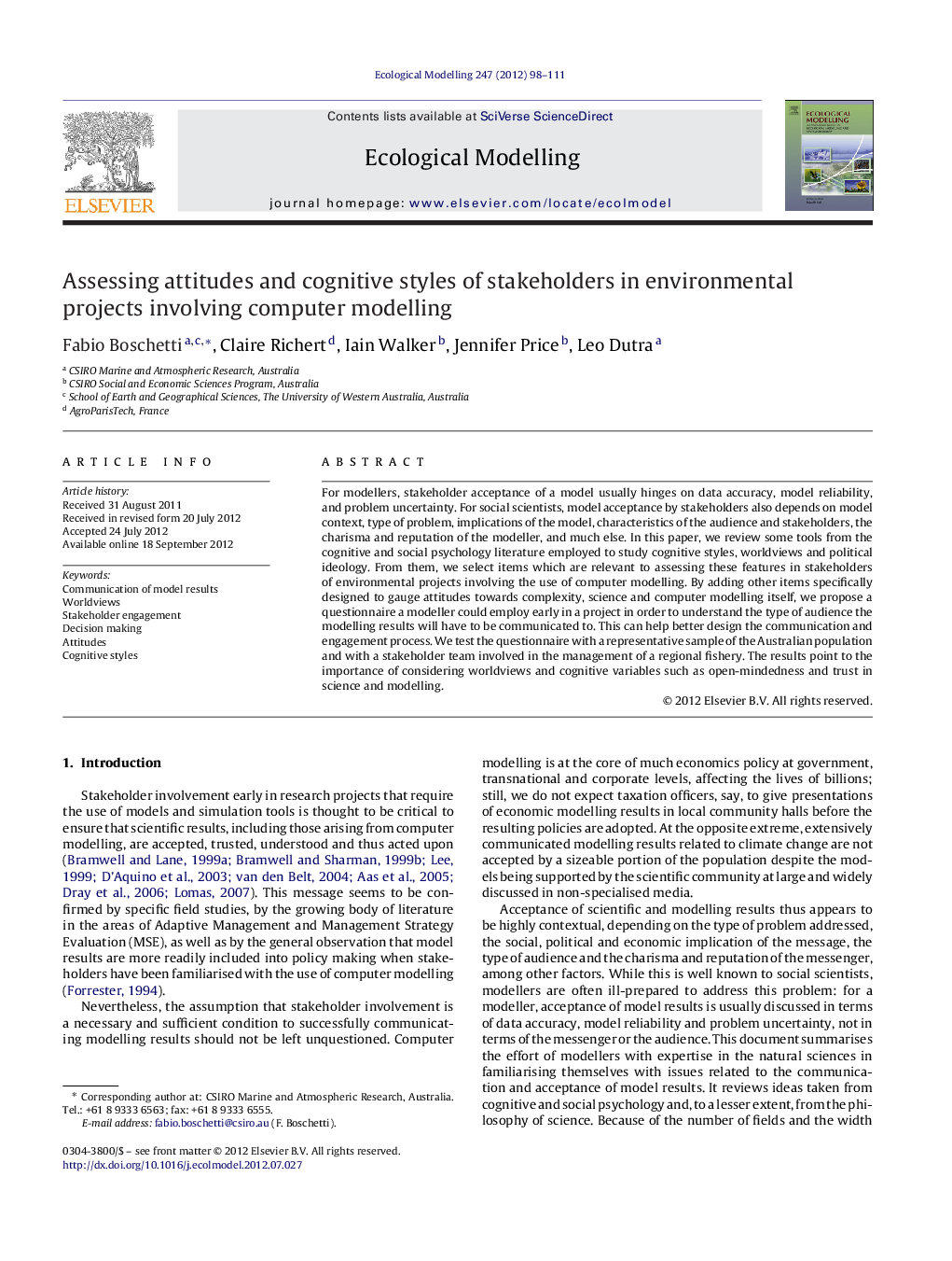 Assessing attitudes and cognitive styles of stakeholders in environmental projects involving computer modelling