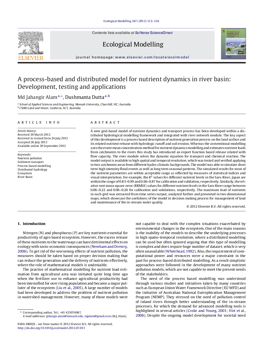 A process-based and distributed model for nutrient dynamics in river basin: Development, testing and applications