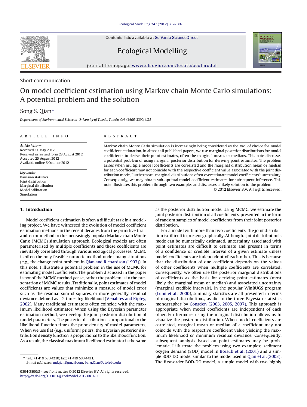 عکس صفحه اول مقاله: On model coefficient estimation using Markov chain Monte Carlo simulations: A potential problem and the solution On model coefficient estimation using Markov chain Monte Carlo simulations: A potential problem and the solution